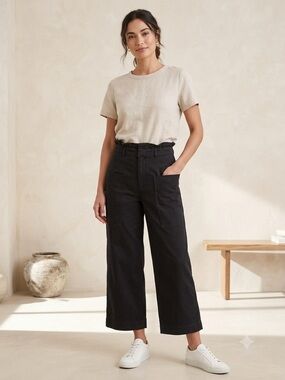 Zara Black Paperbag Utility Pants L High Rise Wide Leg Deep Patch Pocket Cuffed